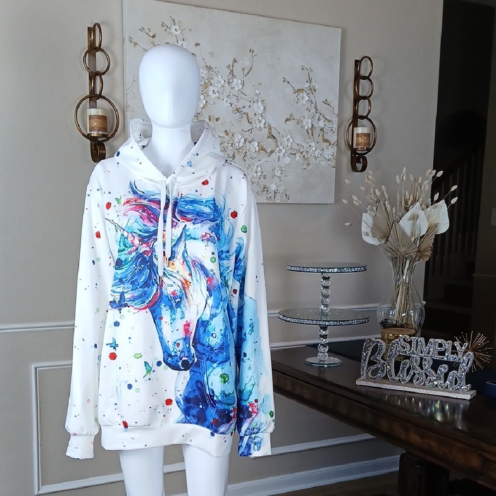 Unisex White Multicolor Graphic Unicorn Horse Long Sleeves Hoodie Sweater. XXL